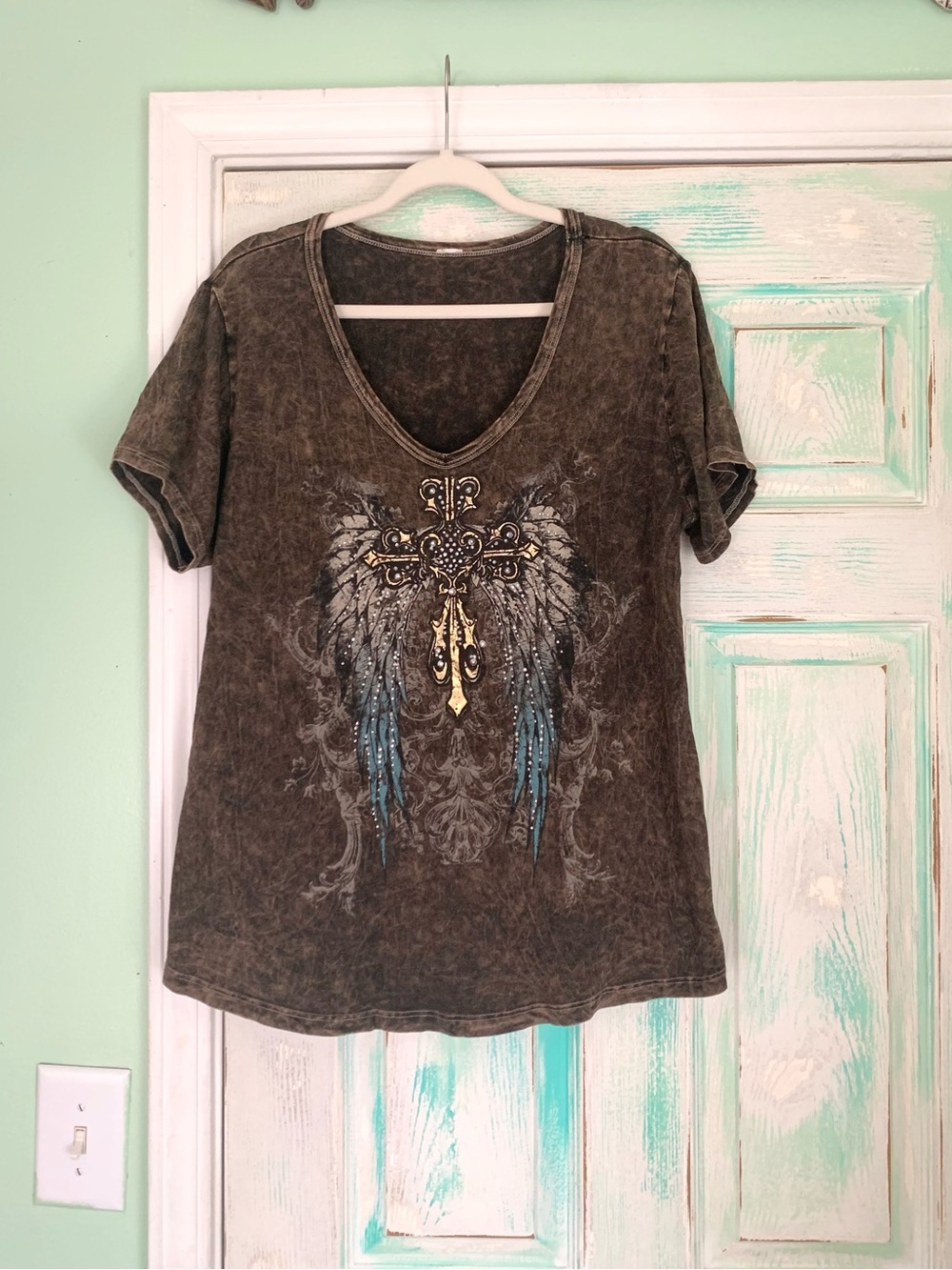 Mineral Wash Green/Grey Cross Angel Wing Rhinestone Blouse